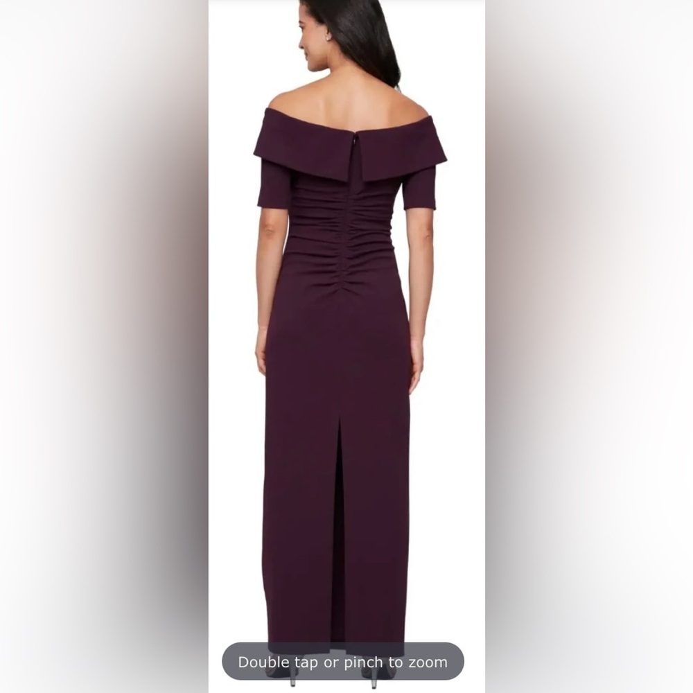 🪻Stretch Crepe off-the-Shoulder Gown, Aubergine, 8 - Picture 3 of 5